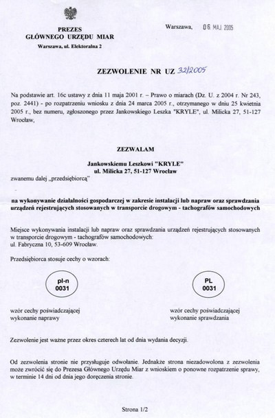 Zezwolenie na instalacje Tachografów 1/2